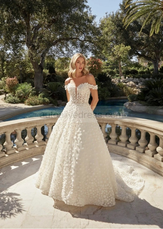 Off Shoulder Beaded Floral Lace Tulle Romantic Wedding Dress